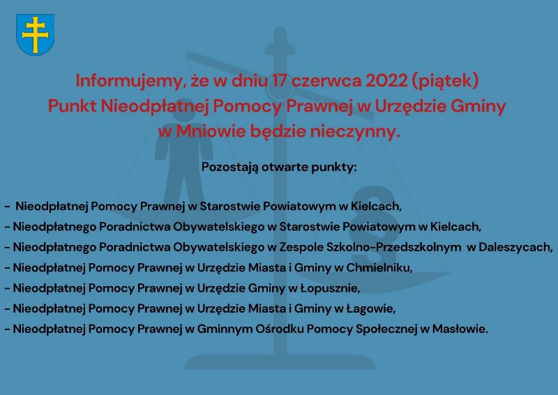Punkt nieodpłatnej pomocy prawnej w Urzędzie Gminy w Mniowie nieczynny